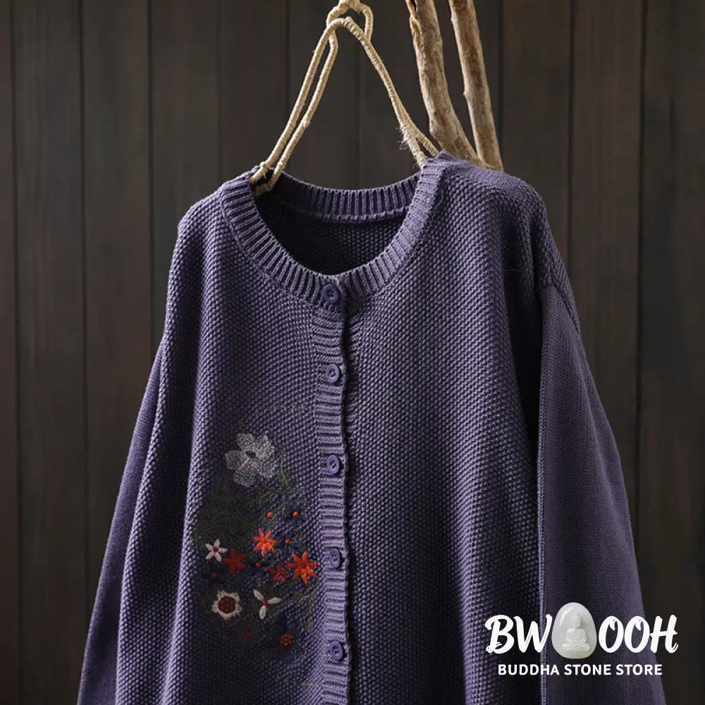 Buddha Stones Floral Embroidery Buttons Cotton Women’s Long Sleeve Knitted Cardigan Sweater - Women’s Cardigan
