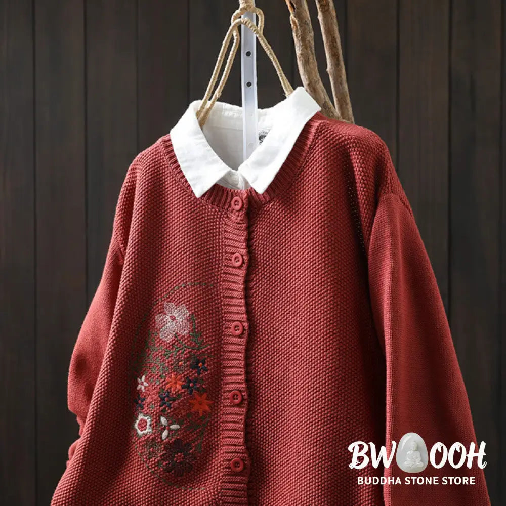 Buddha Stones Floral Embroidery Buttons Cotton Women’s Long Sleeve Knitted Cardigan Sweater - Women’s Cardigan