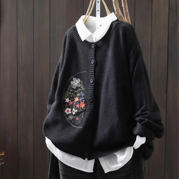 Buddha Stones Floral Embroidery Buttons Cotton Women’s Long Sleeve Knitted Cardigan Sweater - Black