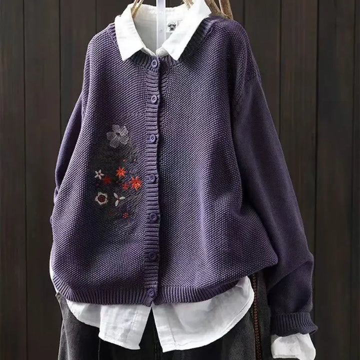 Buddha Stones Floral Embroidery Buttons Cotton Women’s Long Sleeve Knitted Cardigan Sweater - DarkViolet