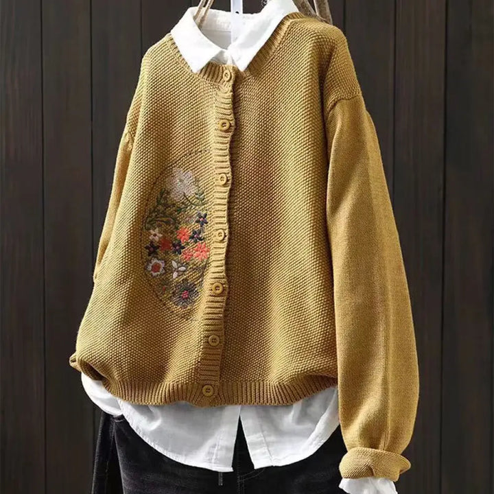 Buddha Stones Floral Embroidery Buttons Cotton Women’s Long Sleeve Knitted Cardigan Sweater - Gold