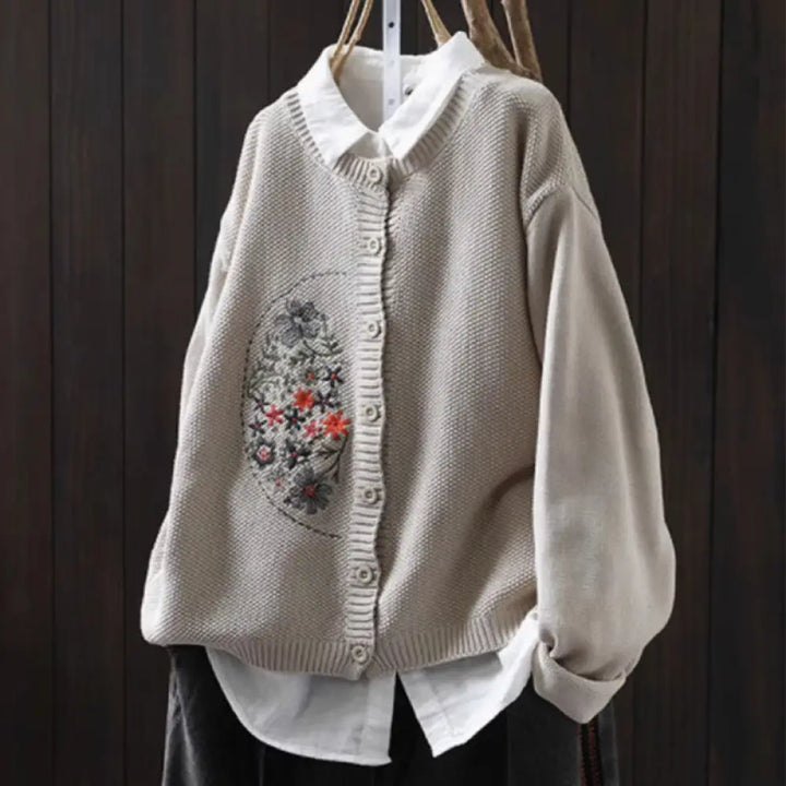 Buddha Stones Floral Embroidery Buttons Cotton Women’s Long Sleeve Knitted Cardigan Sweater - Linen