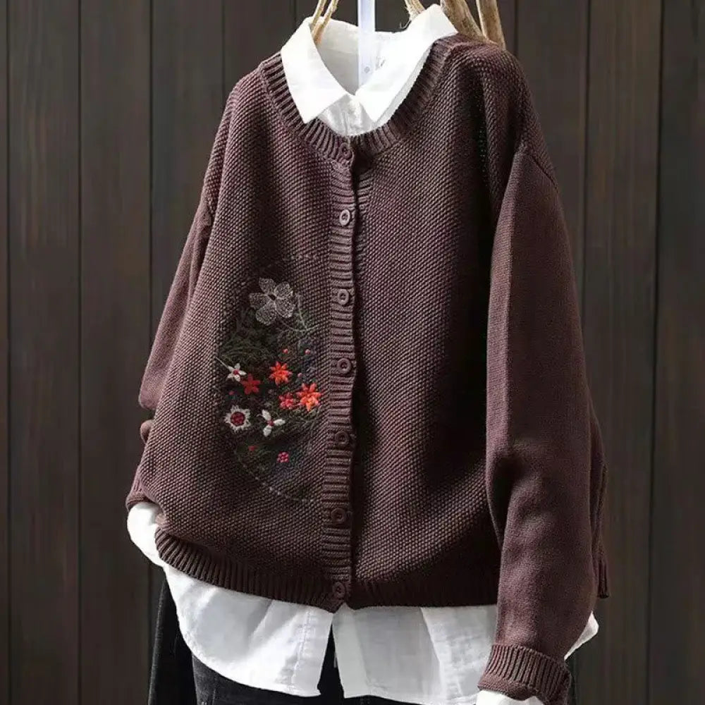 Buddha Stones Floral Embroidery Buttons Cotton Women’s Long Sleeve Knitted Cardigan Sweater - SaddleBrown