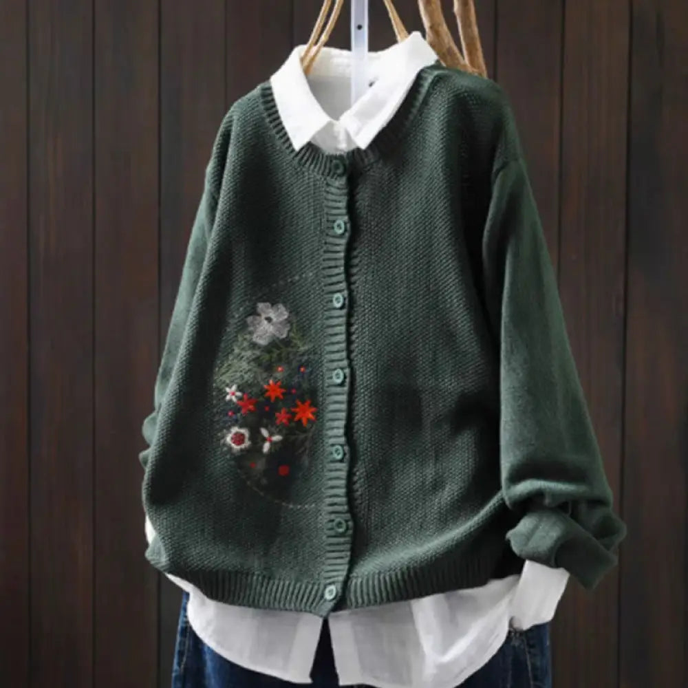 Buddha Stones Floral Embroidery Buttons Cotton Women’s Long Sleeve Knitted Cardigan Sweater - SeaGreen