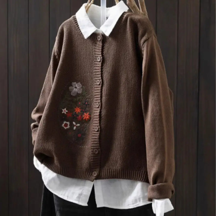 Buddha Stones Floral Embroidery Buttons Cotton Women’s Long Sleeve Knitted Cardigan Sweater - Sienna