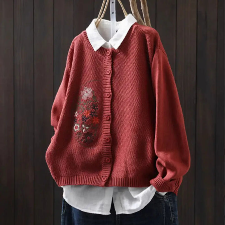 Buddha Stones Floral Embroidery Buttons Cotton Women’s Long Sleeve Knitted Cardigan Sweater - Tomato