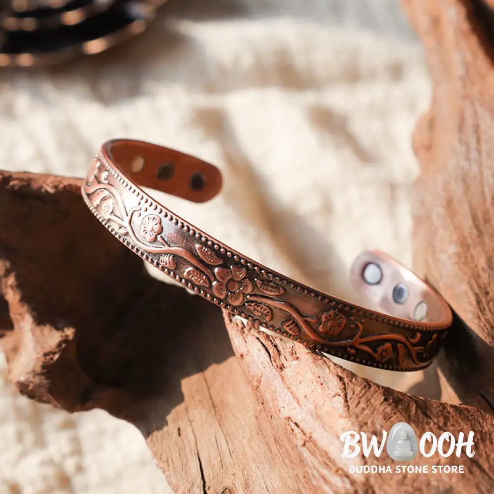 Buddha Stones Floral Magnetic Copper Adjustable Cuff Bracelet Bangle - Copper - Bracelet Bangle
