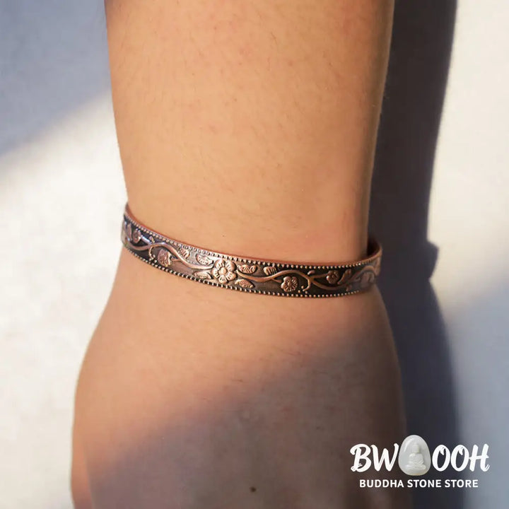 Buddha Stones Floral Magnetic Copper Adjustable Cuff Bracelet Bangle - Copper - Bracelet Bangle