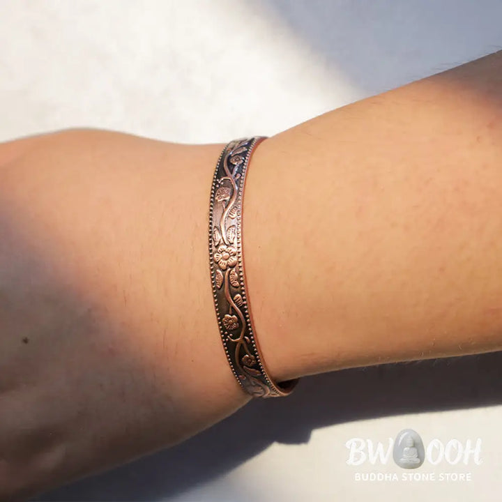 Buddha Stones Floral Magnetic Copper Adjustable Cuff Bracelet Bangle - Copper - Bracelet Bangle