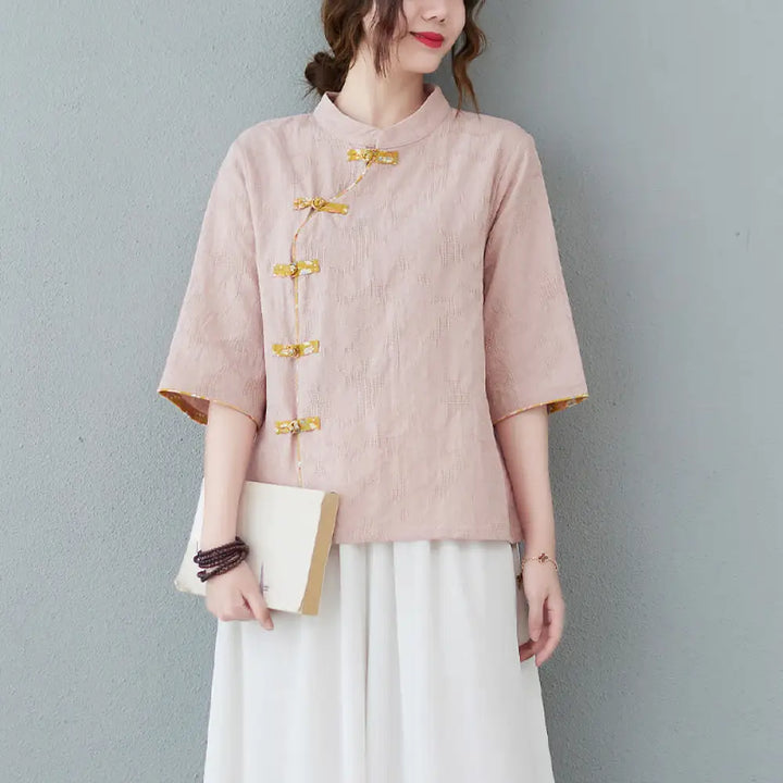 BWOOOH Floral Pattern Frog-Button Half Sleeve Cotton Line