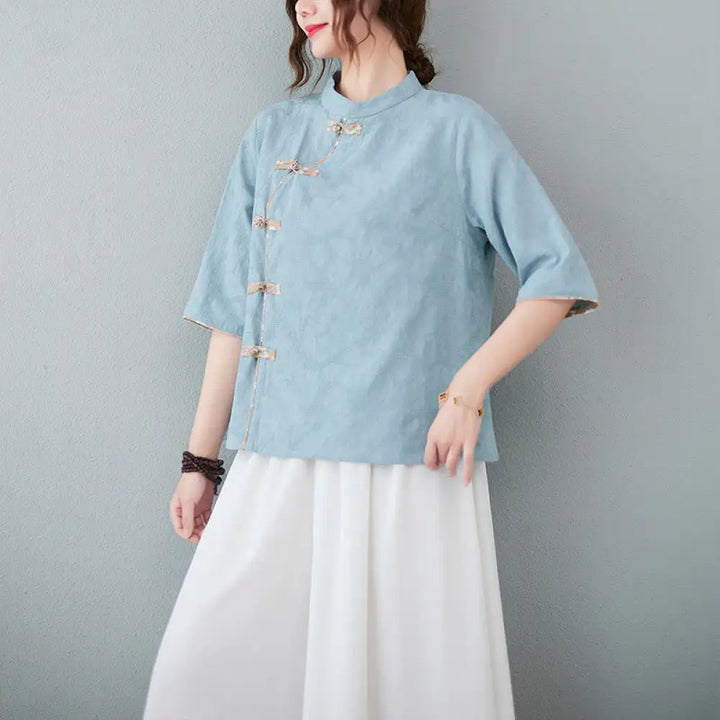 Buddha Stones Floral Pattern Frog-Button Half Sleeve Cotton Linen Shirt - LightSteelBlue / M(Fit for US2; UK/AU6; EU34)