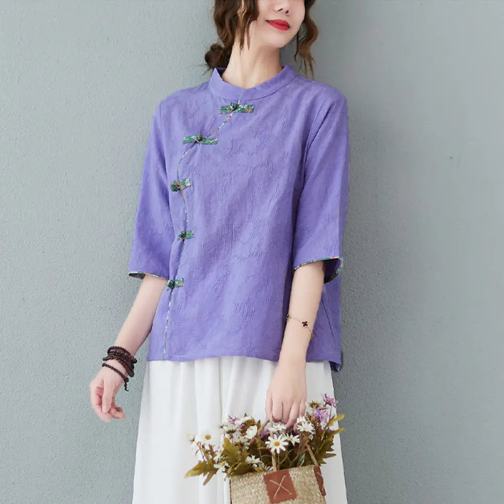 Buddha Stones Floral Pattern Frog-Button Half Sleeve Cotton Linen Shirt - MediumPurple / M(Fit for US2; UK/AU6; EU34)