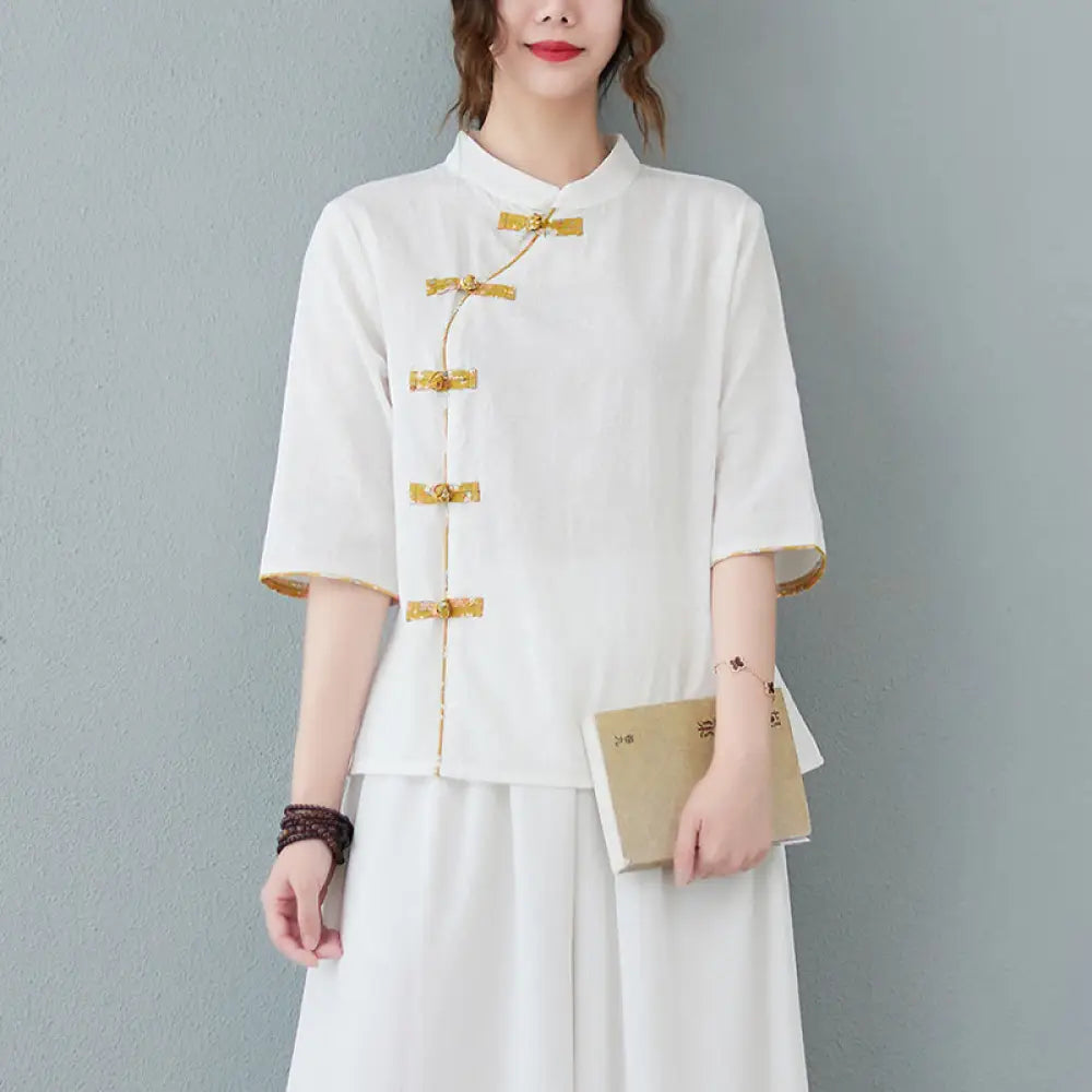 Buddha Stones Floral Pattern Frog-Button Half Sleeve Cotton Linen Shirt - White / M(Fit for US2; UK/AU6; EU34)