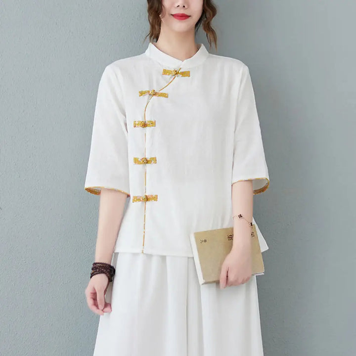 Buddha Stones Floral Pattern Frog-Button Half Sleeve Cotton Linen Shirt - White / M(Fit for US2; UK/AU6; EU34)