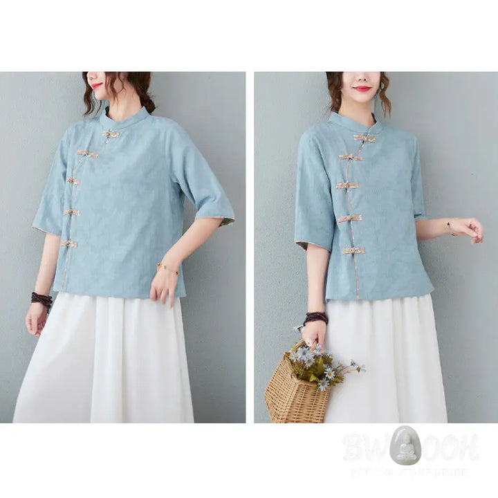 Buddha Stones Floral Pattern Frog-Button Half Sleeve Cotton Linen Shirt - Women’s Shirts