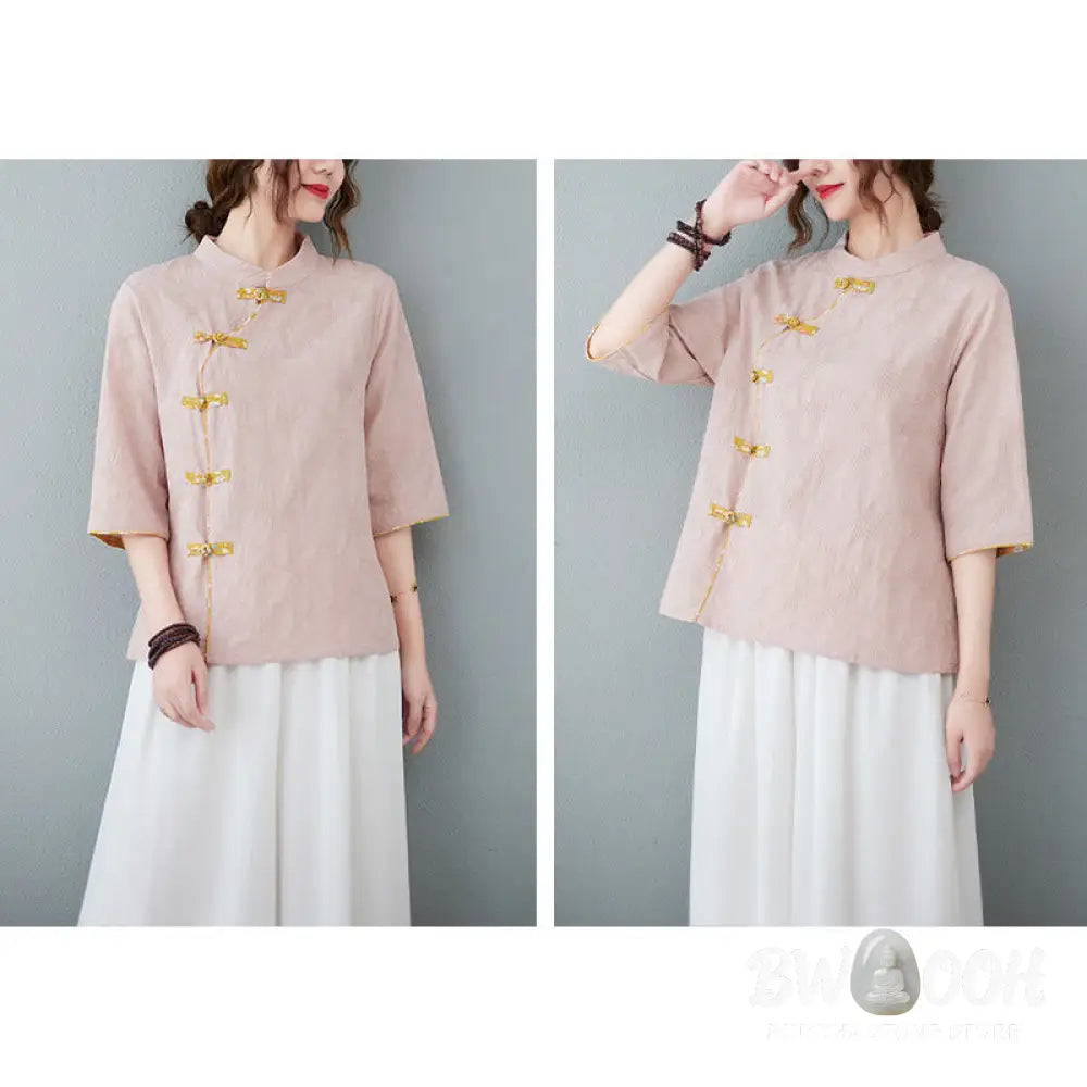 Buddha Stones Floral Pattern Frog-Button Half Sleeve Cotton Linen Shirt - Women’s Shirts
