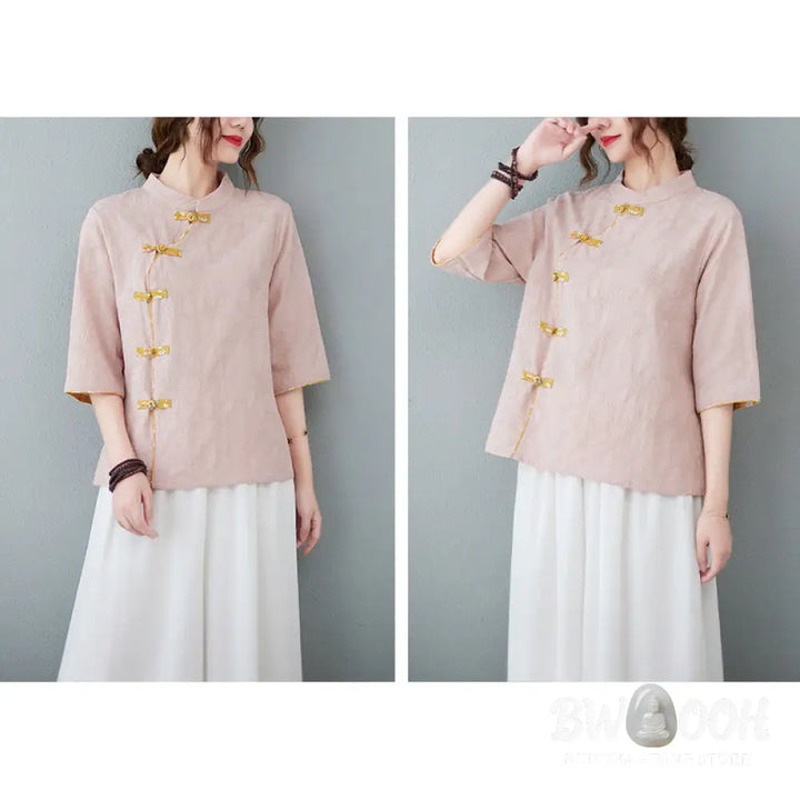 Buddha Stones Floral Pattern Frog-Button Half Sleeve Cotton Linen Shirt - Women’s Shirts