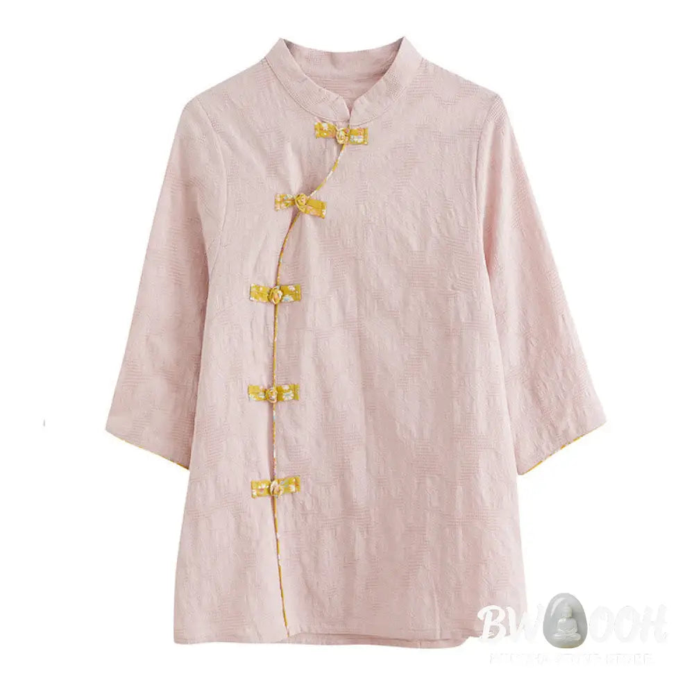 Buddha Stones Floral Pattern Frog-Button Half Sleeve Cotton Linen Shirt - Women’s Shirts