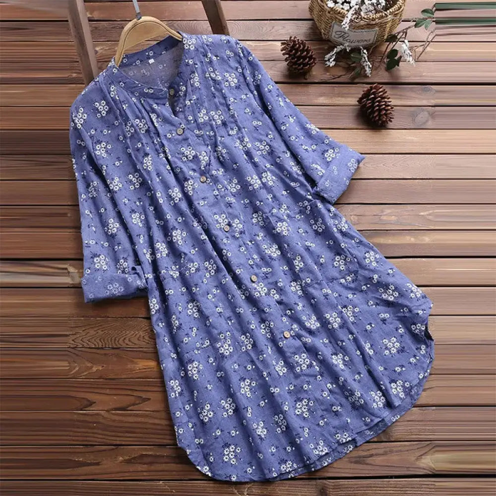 Buddha Stones Florals Buttons Long Sleeve Cotton Women’s Shirt - CornflowerBlue / US4，UK/AU8，EU36 (L) - Women’s Shirts