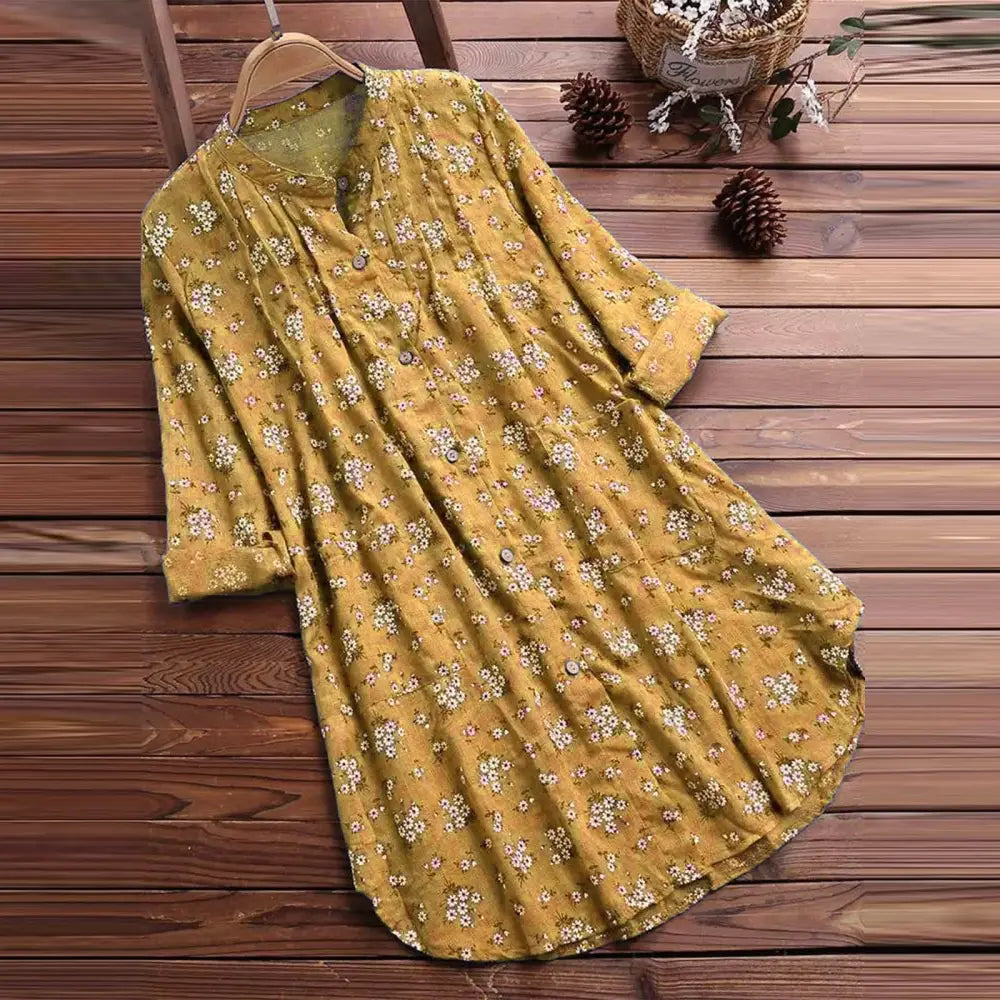 Buddha Stones Florals Buttons Long Sleeve Cotton Women’s Shirt - Goldenrod / US4，UK/AU8，EU36 (L) - Women’s Shirts