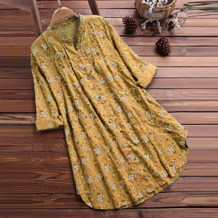 Buddha Stones Florals Buttons Long Sleeve Cotton Women’s Shirt - Goldenrod / US4，UK/AU8，EU36 (L) - Women’s Shirts