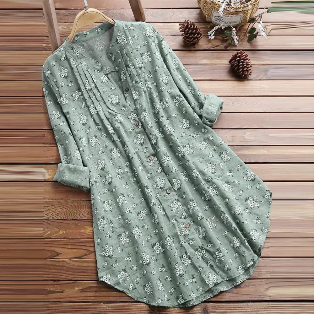Buddha Stones Florals Buttons Long Sleeve Cotton Women’s Shirt - LightSeaGreen / US4，UK/AU8，EU36 (L) - Women’s Shirts