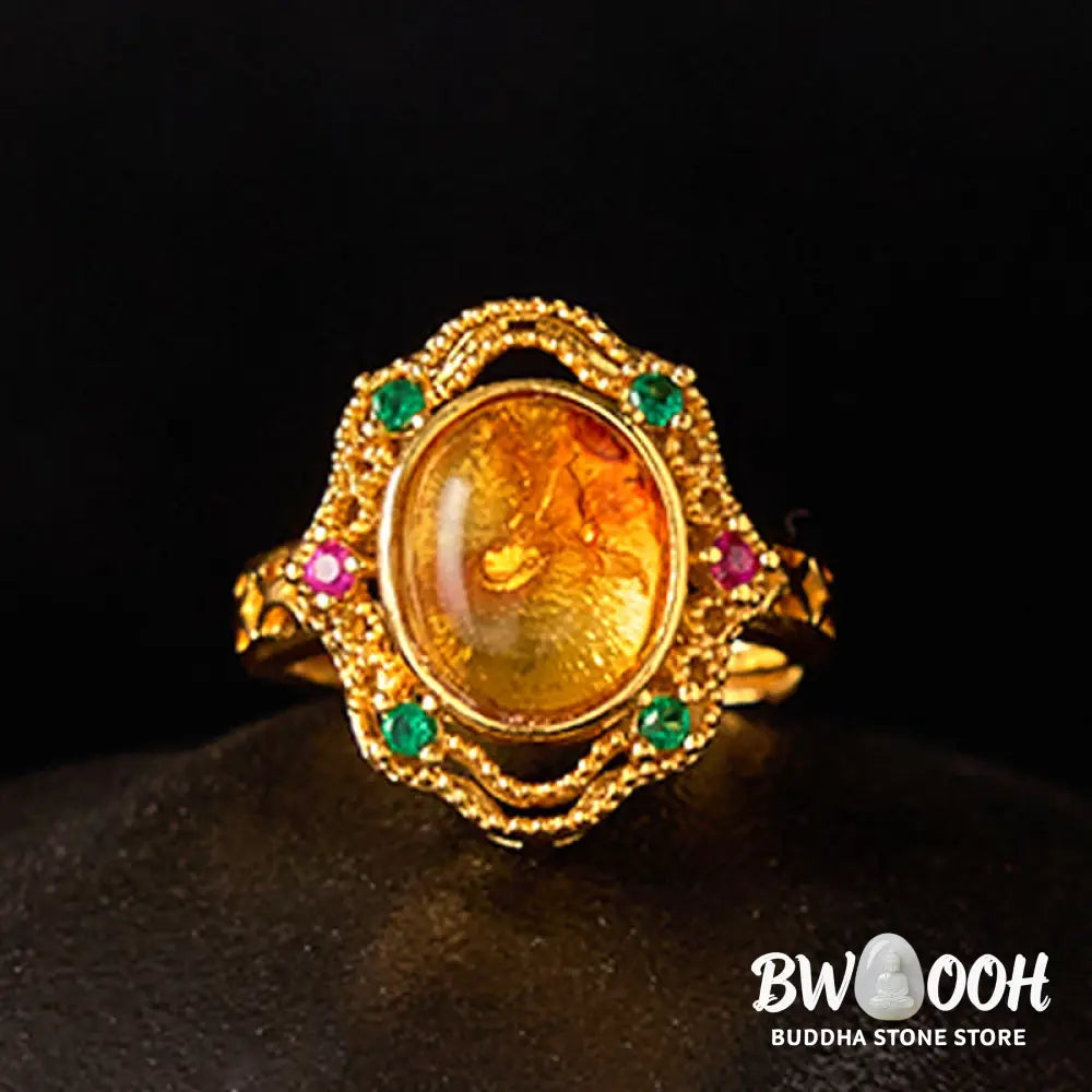 Buddha Stones Flower Amber Hollow Lace Confidence Adjustable Ring - Amber(Inner Circumference: 58-62mm) - Ring