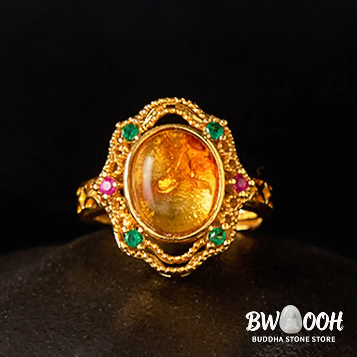 Buddha Stones Flower Amber Hollow Lace Confidence Adjustable Ring - Amber(Inner Circumference: 58-62mm) - Ring
