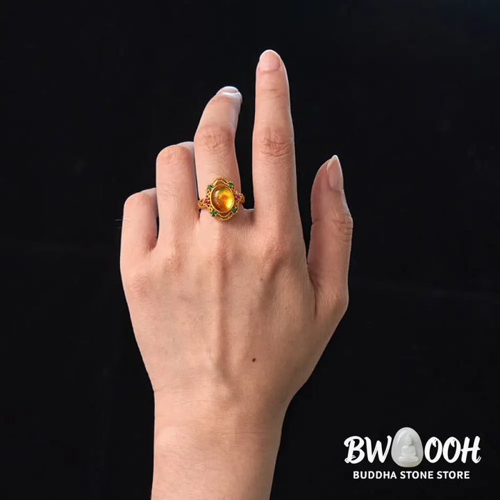 Buddha Stones Flower Amber Hollow Lace Confidence Adjustable Ring - Amber(Inner Circumference: 58-62mm) - Ring