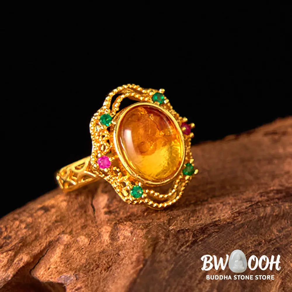 Buddha Stones Flower Amber Hollow Lace Confidence Adjustable Ring - Amber(Inner Circumference: 58-62mm) - Ring