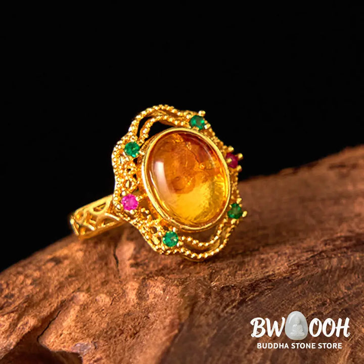 Buddha Stones Flower Amber Hollow Lace Confidence Adjustable Ring - Amber(Inner Circumference: 58-62mm) - Ring
