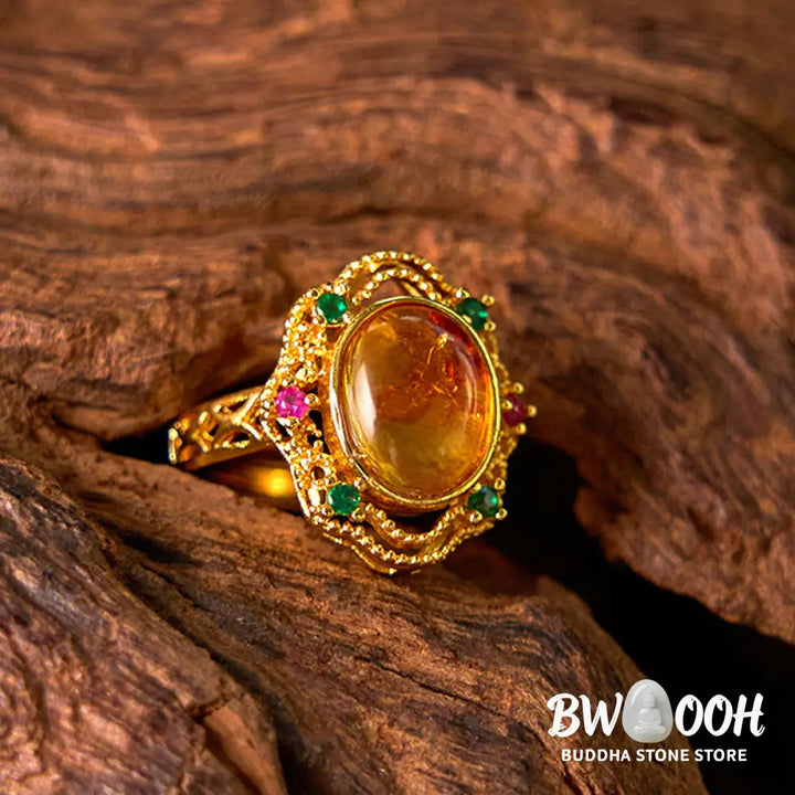 Buddha Stones Flower Amber Hollow Lace Confidence Adjustable Ring - Amber(Inner Circumference: 58-62mm) - Ring