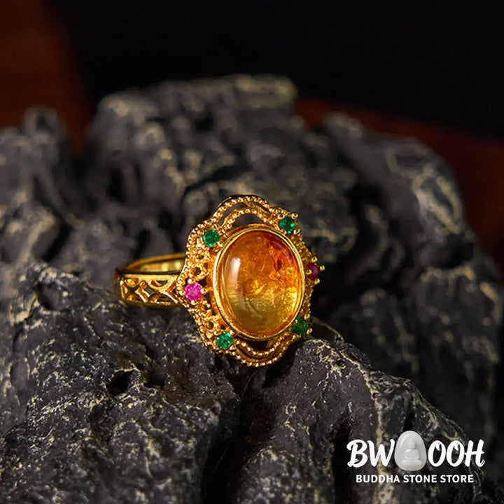 Buddha Stones Flower Amber Hollow Lace Confidence Adjustable Ring - Amber(Inner Circumference: 58-62mm) - Ring