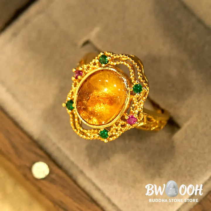 Buddha Stones Flower Amber Hollow Lace Confidence Adjustable Ring - Amber(Inner Circumference: 58-62mm) - Ring