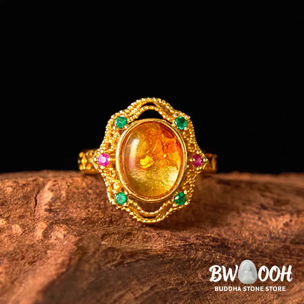 Buddha Stones Flower Amber Hollow Lace Confidence Adjustable Ring - Amber(Inner Circumference: 58-62mm) - Ring