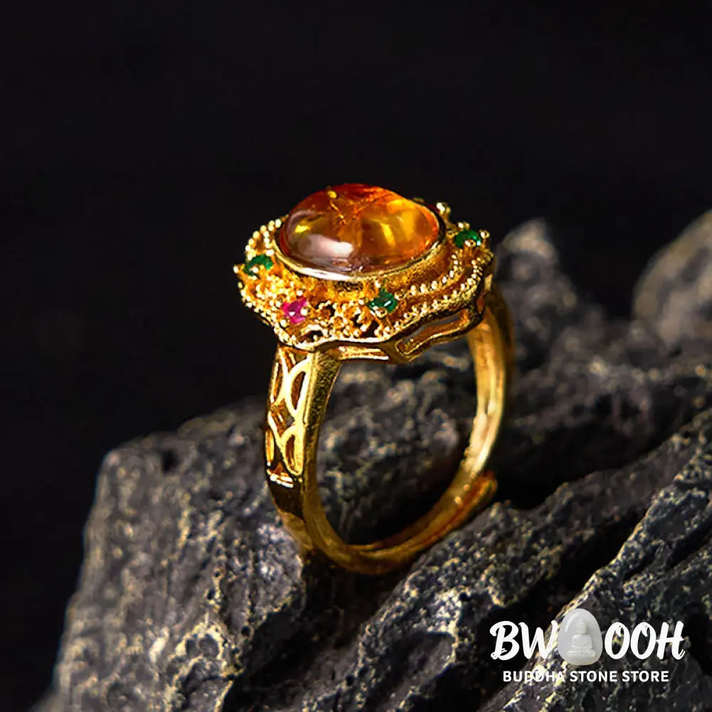 Buddha Stones Flower Amber Hollow Lace Confidence Adjustable Ring - Amber(Inner Circumference: 58-62mm) - Ring