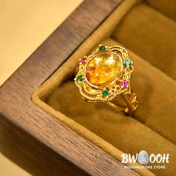 Buddha Stones Flower Amber Hollow Lace Confidence Adjustable Ring - Amber(Inner Circumference: 58-62mm) - Ring