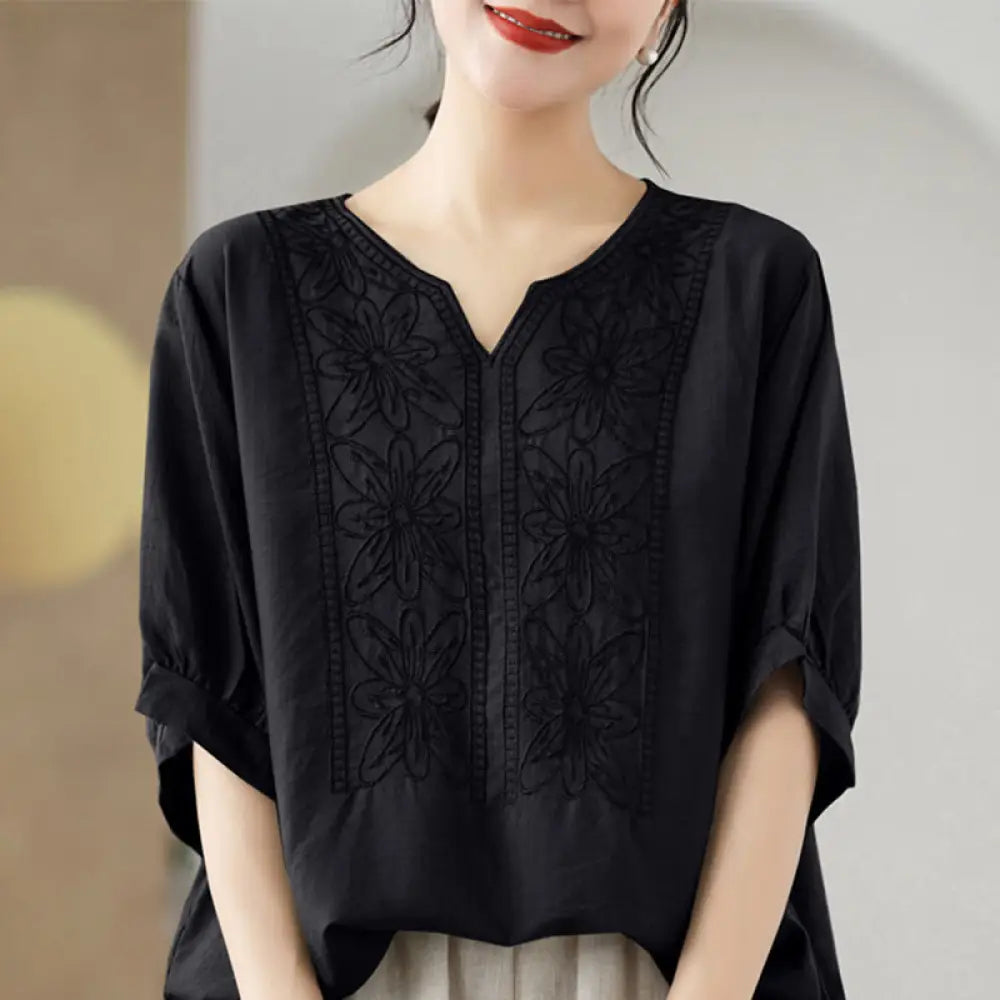 Buddha Stones Flower Embroidery Design Half Sleeve Cotton Linen T-shirt Tee - Black / F(Fit for US4-6; UK/AU8-10;