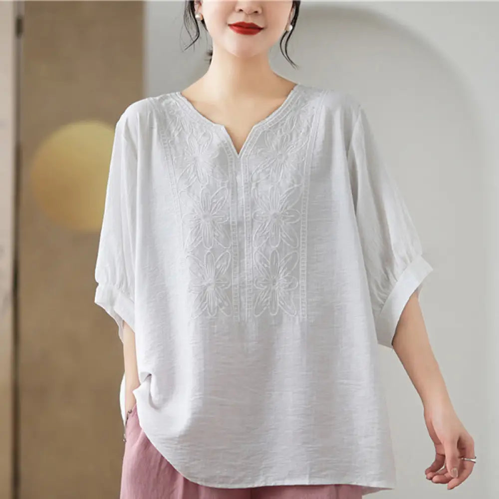 Buddha Stones Flower Embroidery Design Half Sleeve Cotton Linen T-shirt Tee - White / F(Fit for US4-6; UK/AU8-10;