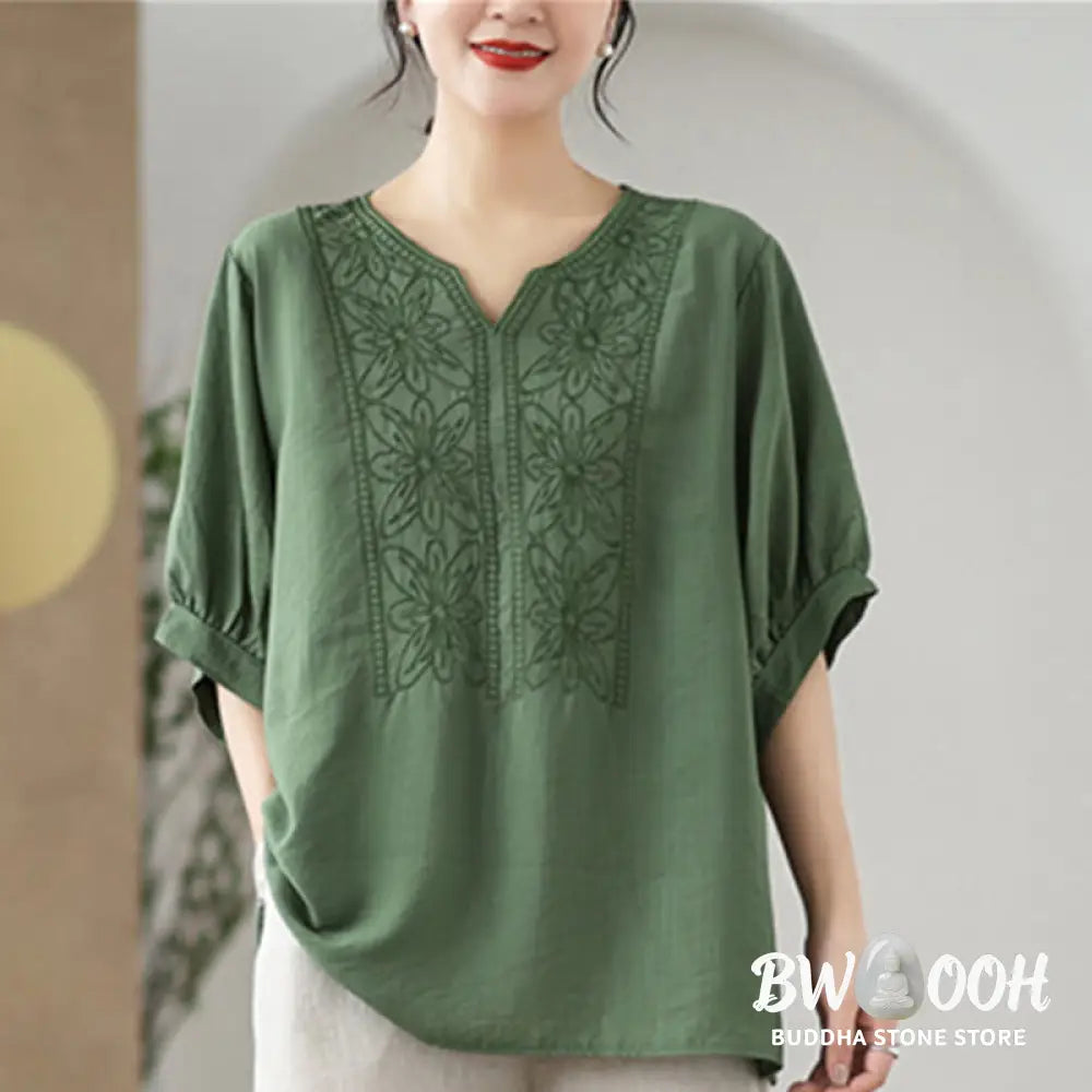 Buddha Stones Flower Embroidery Design Half Sleeve Cotton Linen T-shirt Tee - Women’s T-Shirts