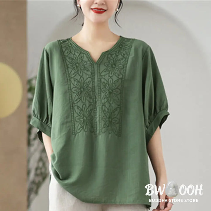 Buddha Stones Flower Embroidery Design Half Sleeve Cotton Linen T-shirt Tee - Women’s T-Shirts