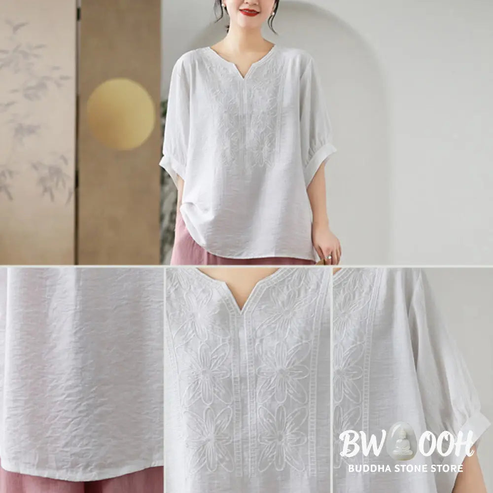 Buddha Stones Flower Embroidery Design Half Sleeve Cotton Linen T-shirt Tee - Women’s T-Shirts