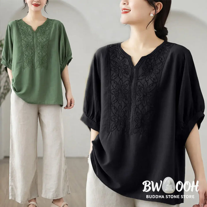 Buddha Stones Flower Embroidery Design Half Sleeve Cotton Linen T-shirt Tee - Women’s T-Shirts