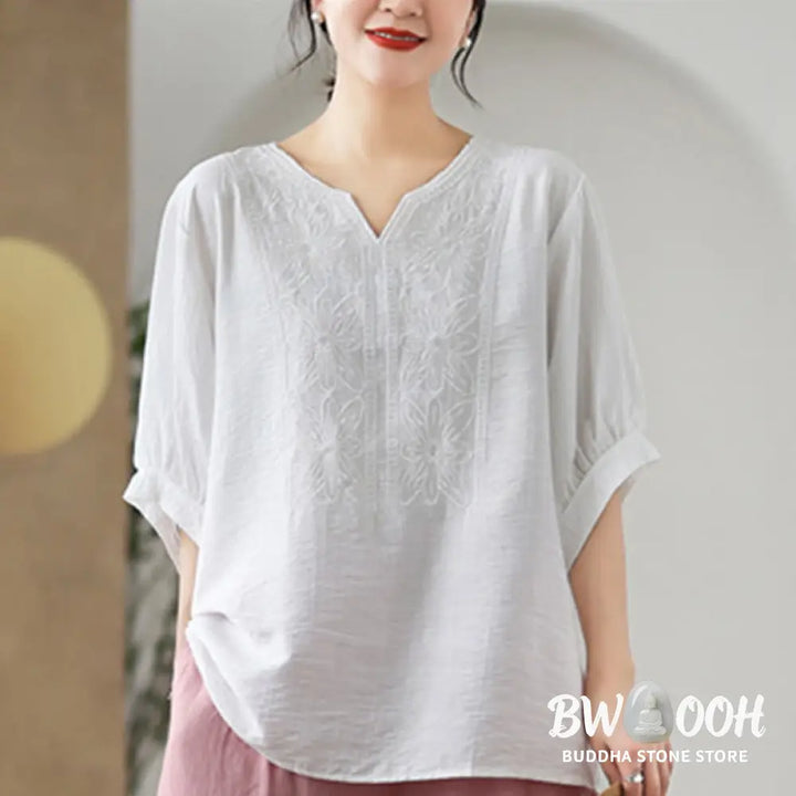 Buddha Stones Flower Embroidery Design Half Sleeve Cotton Linen T-shirt Tee - Women’s T-Shirts