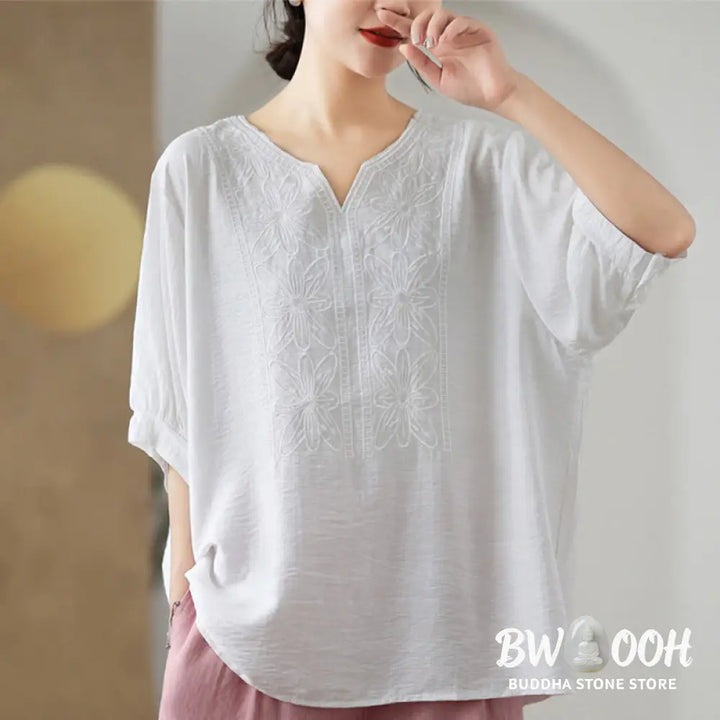 Buddha Stones Flower Embroidery Design Half Sleeve Cotton Linen T-shirt Tee - Women’s T-Shirts