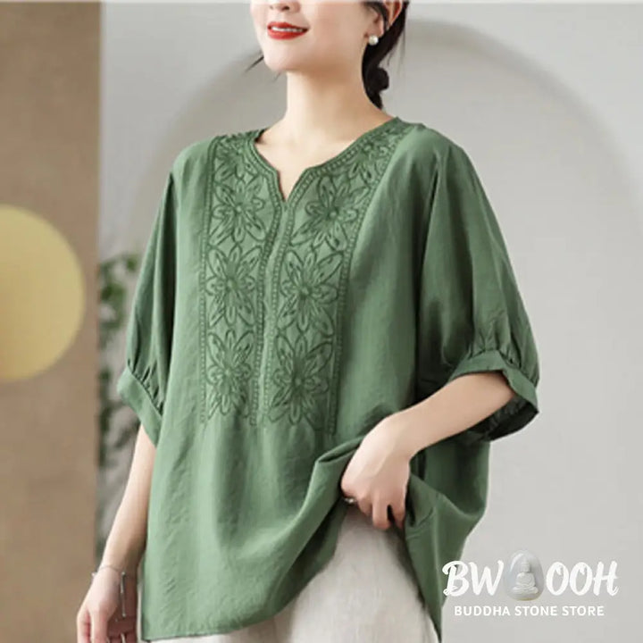 Buddha Stones Flower Embroidery Design Half Sleeve Cotton Linen T-shirt Tee - Women’s T-Shirts