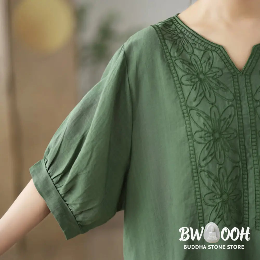 Buddha Stones Flower Embroidery Design Half Sleeve Cotton Linen T-shirt Tee - Women’s T-Shirts