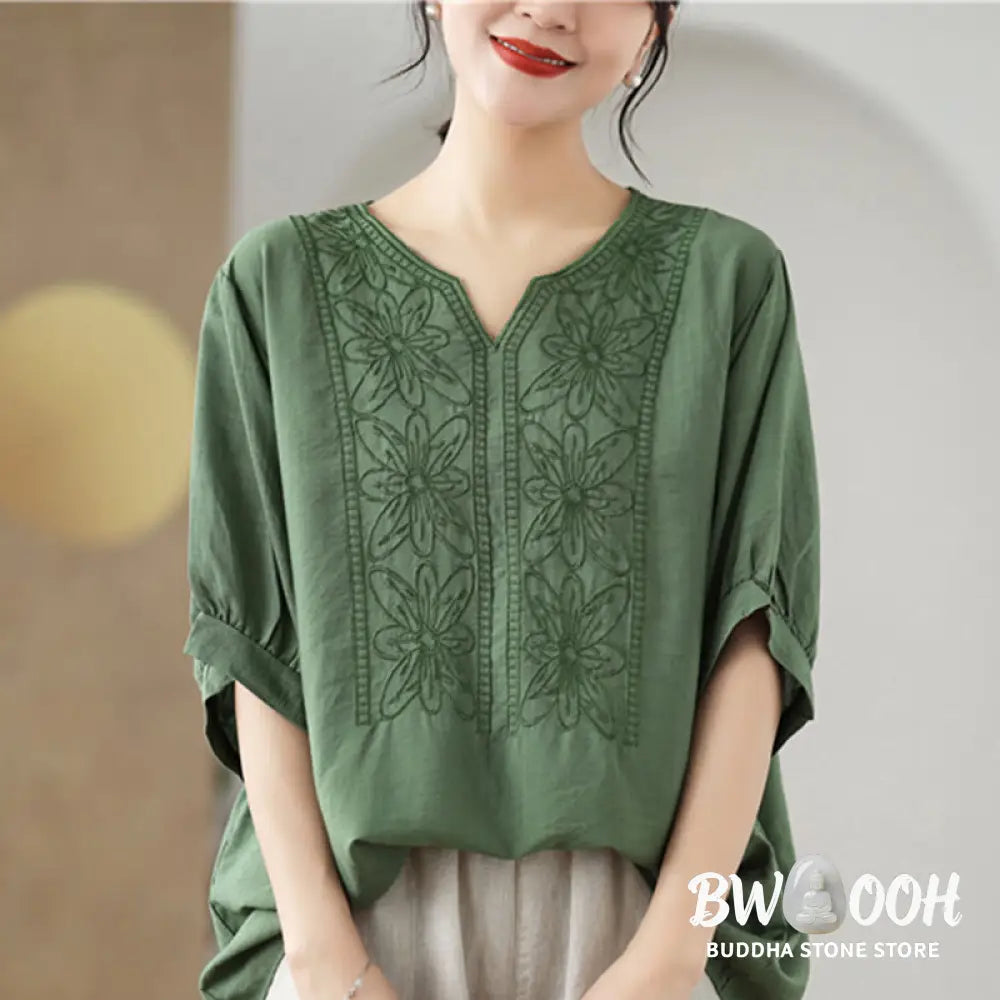 Buddha Stones Flower Embroidery Design Half Sleeve Cotton Linen T-shirt Tee - Women’s T-Shirts