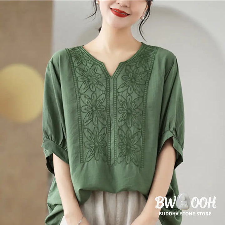 Buddha Stones Flower Embroidery Design Half Sleeve Cotton Linen T-shirt Tee - Women’s T-Shirts