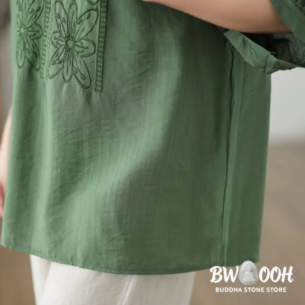 Buddha Stones Flower Embroidery Design Half Sleeve Cotton Linen T-shirt Tee - Women’s T-Shirts